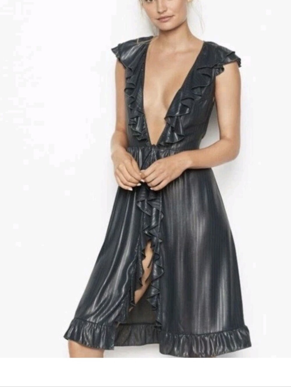 Victoria’s Secret Charcoal Ruffle Deep V Midi Dress Size S